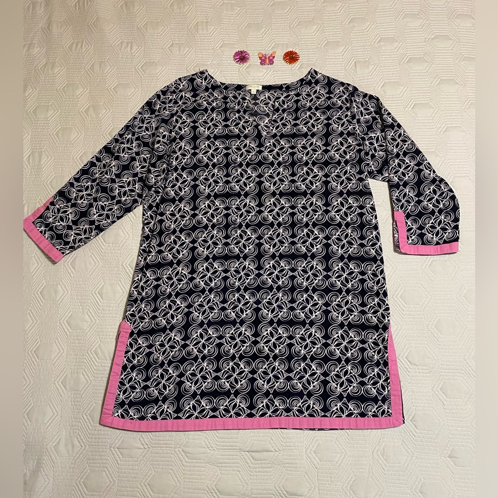 Talbots Navy and Pink Patterned Tunic Swim Cover Up Size Large 100% Cotton